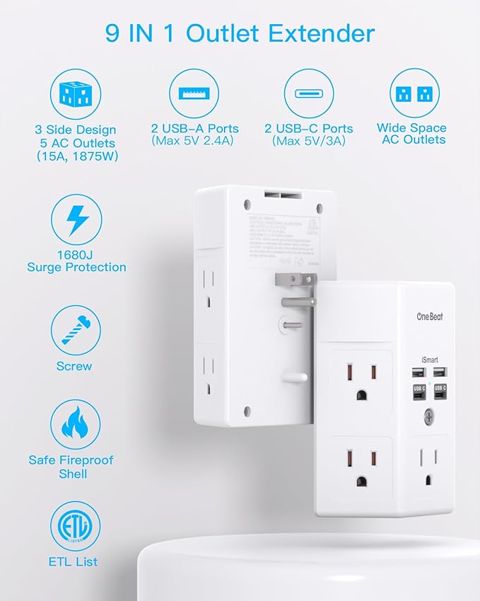 Surge Protector, 5 Outlets Extender with 4 USB Ports(USB C), 3-Side 1680J Power Strip Multi Plug Outlet Expander, USB Wall Charger, Outlet Splitter Adapter Wall Mount for Home Travel Office ETL Listed