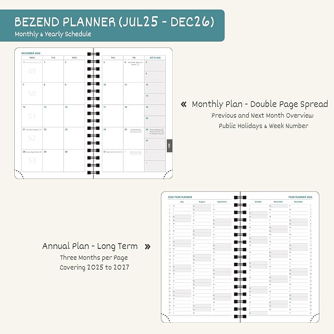 BEZEND Pocket Planner 2025-2026 Weekly and Monthly, 3.5" x 6" Academic Planner (Jul 25-Dec 26) 18-Month Mid-Year Calendar Book, Storage Pocket, Pen Holder, PU Leather Softcover, Spiral - Dark Green