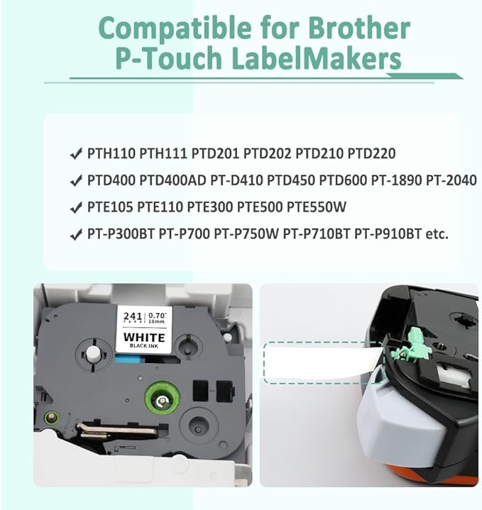 8-Pack 18mm 0.7" Laminated White Tape Compatible for Brother Tze-241 Tze241 Tz-241 Tz241 3/4" P Touch Tze Tz 18mm Label Tape for PTD410 PTD400 PTD610BT PTD600 PTD460 PT-2730 Label Maker