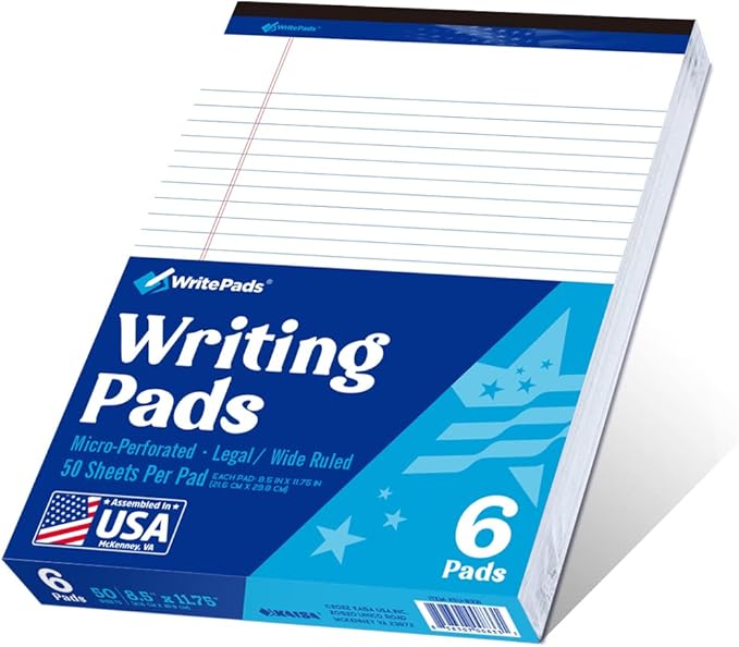 Legal Pad 8.5 x 11 Note Pad, Wide Ruled Writing Pad, White Paper, 6-Pack, 50 Sheets Per Pad, Micro-Perforated Notepad, Office Supplies (KSU-8331) - Made in the USA