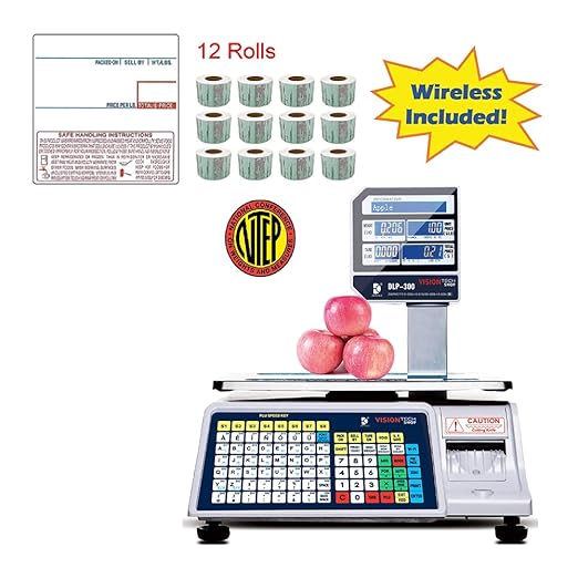 VisionTechShop DLP-300 Label Printing Scale Pole Display, 30/60lbs Capacity, 0.01/0.02lbs, NTEP Legal for Trade with a Free 1 case CAS LST-8040 UPC/Safe Handling Label, 58 x 60 mm