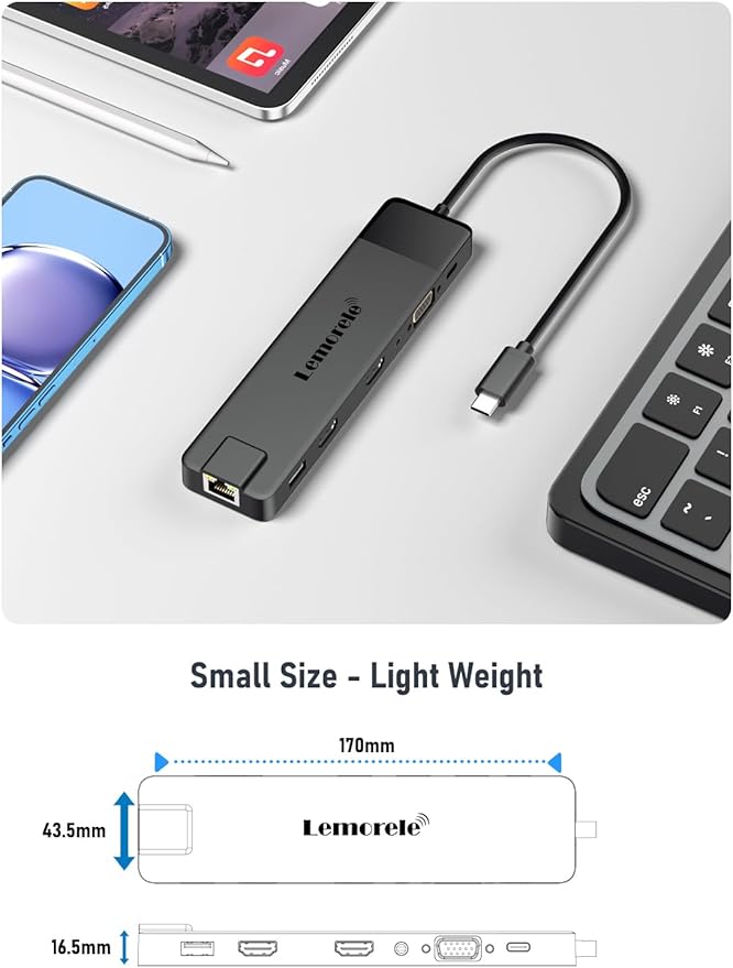 Lemorele 13 in 1 USB C Docking Station for Triple Monitors, Dual 4K HDMI, 1000M RJ45, VGA, 4 USB 3.0/2.0, SD/TF, 3.5MM Audio, USB C 3.0, 100W PD, Compatible with Type C Laptops