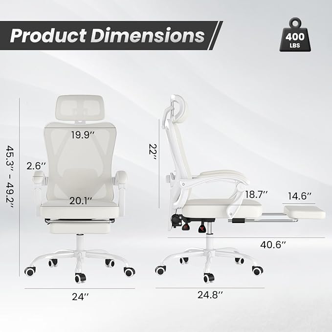 Farini Ergonomic Office Chair with Footrest, Mesh Office Desk Chair with Headrest, High Back Computer Chair with Adjustable Lumbar Support for Home Office Study Room Bedroom, White & Beige