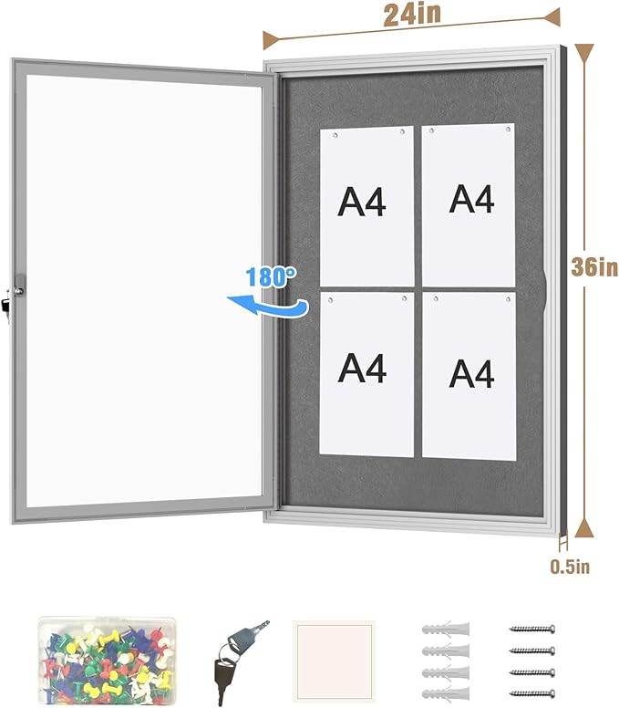 36"x24" Enclosed Bulletin Board, Outdoor Lockable Weather-Resistant Aluminum Cork Noticeboard for School & Office, Silver Frame w/Grey Flet