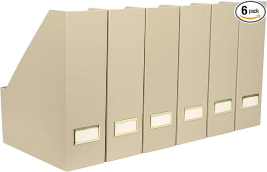 BLU MONACO Set of 6 Foldable Magazine File Holders in Taupe – Sturdy Cardboard Vertical Organizers with Label Holders – Office File Storage Box, Desk Organizer, Paperwork and Document Holder