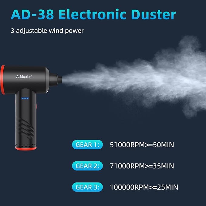 Compressed Air Duster 6000mAh Battery - Electric Air Duster Addcolor AD-38 Keyboard Cleaner for Office-3 Adjustable Wind Speeds with LED Light, Cordless & Reusable Canned Air Duster for Computers
