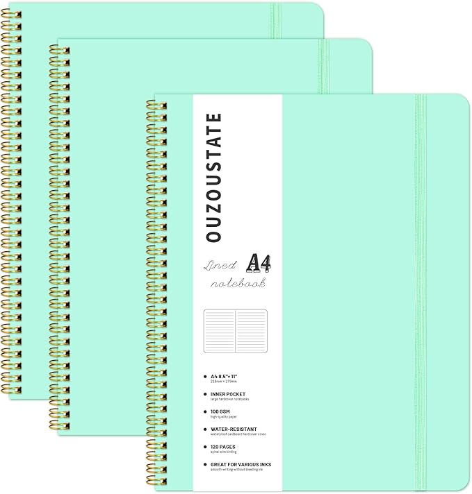 Spiral Notebook 8.5" x 11", A4 Lined Green Hardcover College Ruled Notebook for Work, 120 Pages 100GSM Large Thick Spiral Writing Journal for Women & Men