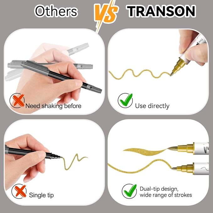 TRANSON 2 Gold, 2 Silver, 2 Black and 2 White Paint Markers Brush and Fine Dual-tip Acrylic Paint Marker Set for Rock Painting Glass Canvas Wood Leather Ceramic Painting