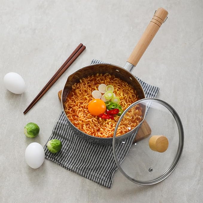 2 Quart Stainless Steel Pot With Glass Lid. Traditional Japanese Saucepan Wth Wood Handle, Multipurpose Sauce Pan With Two Side Pour Spouts & Measurement Line, Great for Ramen, Milk etc.