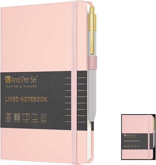 A5 Lined Leather Journal and Pen Set for Women&Men, Gift Box Included, Hardcover Notebook with 160 Pages 100GSM Thick Paper, for Work, Business, School or Home Writing (Pink)