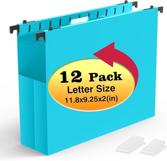 Extra Capacity Plastic Hanging File Folders,12 Pack Reinforced Expanding Hang Folder Letter Size,Accordian Pocket,Heavy Duty 2 Inch Expansion, Hard Hanging Folder Organizer for Office Home,Blue