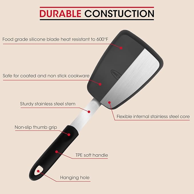 Unicook 2 Pack Flexible Silicone Spatula, Turner, 600F Heat Resistant, Ideal for Flipping Eggs, Burgers, Crepes and More, Black