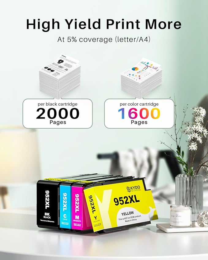 Compatible 952XL Ink Cartridges Combo Pack Replacement for 952 952XL 952 XL Ink Cartridges Color Use with Officejet Pro 8720 8702 8710 7740 7720 8725 8715 8210 8740 (4 Pack, BK/C/M/Y)