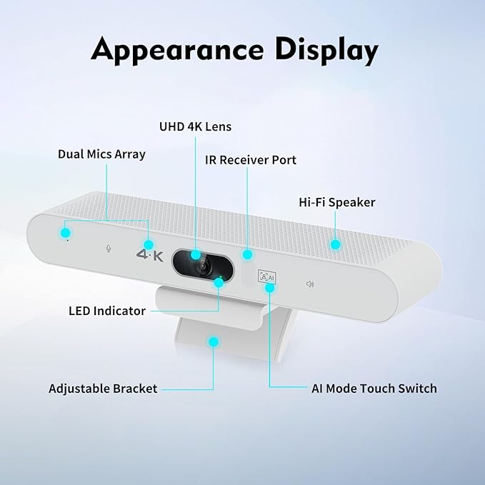 TOALLIN 4K Webcam with Microphone and Speaker, All-in-One Video Conferencing Camera, USB Video Bar, AI Auto-Framing & Speaker-Tracking, Conference Room Web Camera for Laptop, Meetings, Video Calls