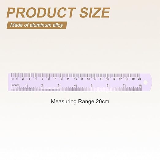 HARFINGTON 4pcs Metal Straight Ruler 20cm Metric SAE Aluminum Alloy Measuring Rulers Scale Tool with Hole for Measure Study Reading Classroom Office, Purple