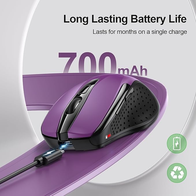 TECKNET Wireless Mouse (BT5.0/3.0 & 2.4G) Rechargeable 4800 DPI Silent USB A & Bluetooth Mouse 6 Buttons, Wide Compatibility - Purple