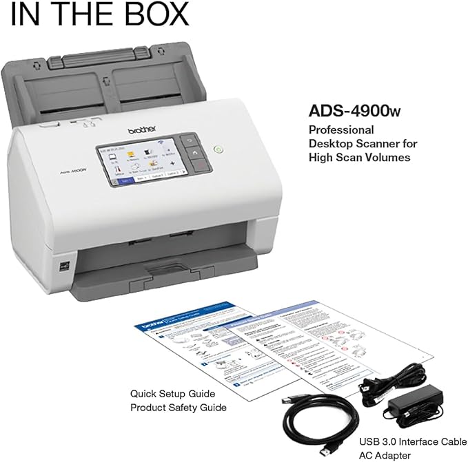 Brother ADS-4900W Professional Desktop Scanner with Fast Scan Speeds, Duplex, Wireless, and Large Touchscreen, White