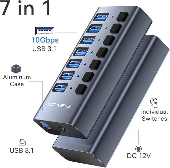 Powered USB 3.1 Hub, ACASIS 7 Ports USB 3.1 Hub with 10Gbps Data Speed，Aluminum Housing, USB Hub Powered with 24W Power Adapter, USB Hub for PC/Laptop, Computer, Flash Drive, Printer, Camera