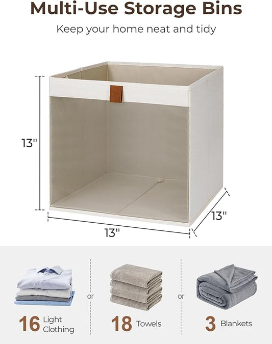 StorageWorks 13x13 Storage Cubes, Closet Storage Bins with Clear Window, Large Fabric Organizer for Clothes, Collapsible Storage Baskets with PU Handles, Beige, 3-Pack