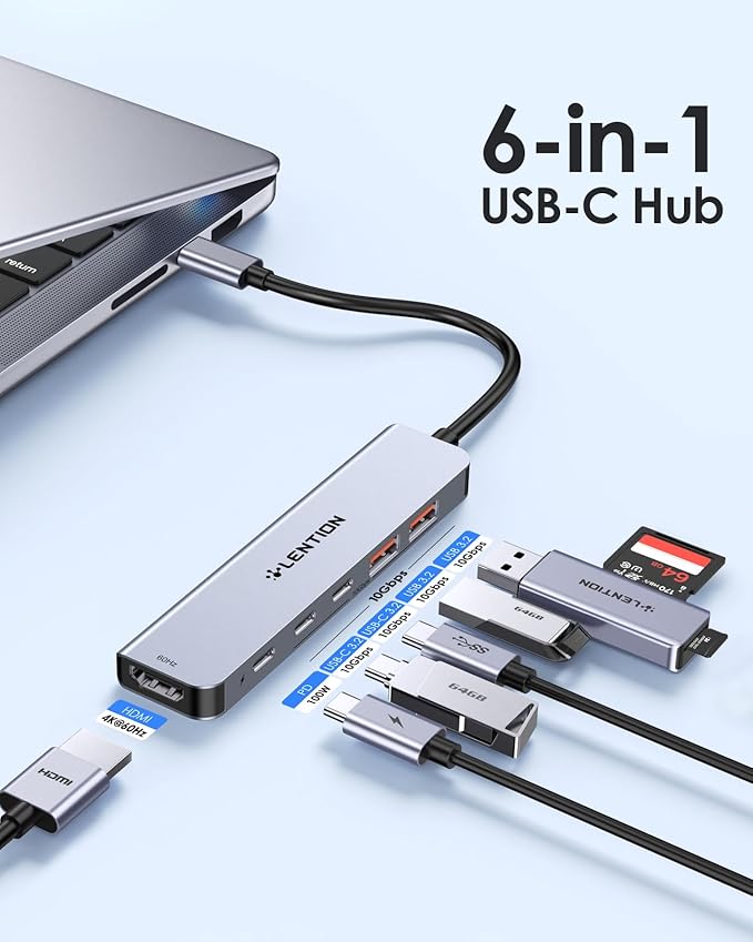 LENTION USB C Hub with 4K@60Hz HDMI, 2 USB C and 2 USB 3.2 Gen2 Transfer Data in 10Gbps Max, 100W Charging, for MacBook Pro M4, Mac Air, iPhone 15, Windows, More, Stable Driver Adapter (CE37 Gray)