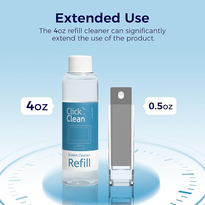 Click Clean Screen Cleaner Refill Kits - 4 oz Cleaner Refill and 1 Microfiber Cloth(7.8 x 7.8in), 1 Mini Refill Funnel + 1 Sprayer - Specially Designed for Click Clean Cleaning Products