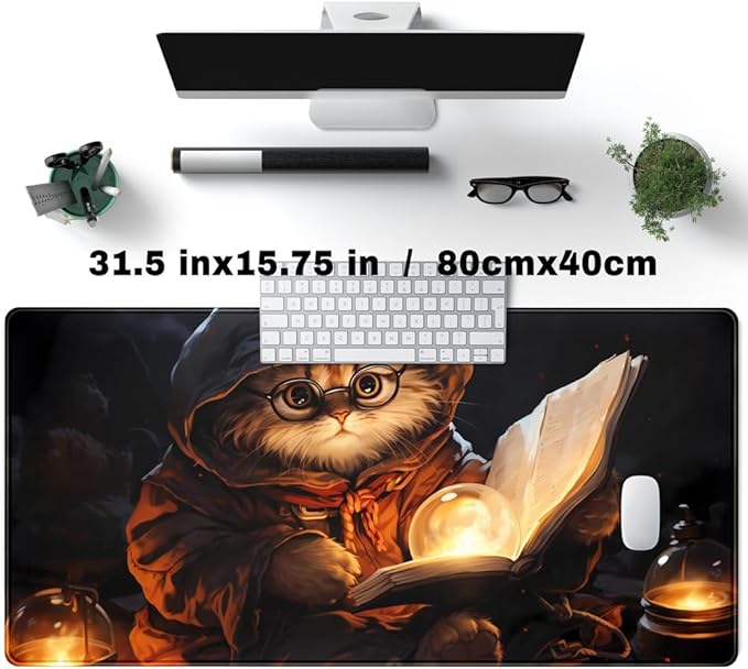 Magical Cat Desk Mouse Mat Black Vintage Desk Pad Playmat for MTG Large Mousepad Gaming Deskpad XXL Keyboard Mouse Pad Full Desktop Mat Desk Cover Mat for Work Office Home (31.5x15.7 in)