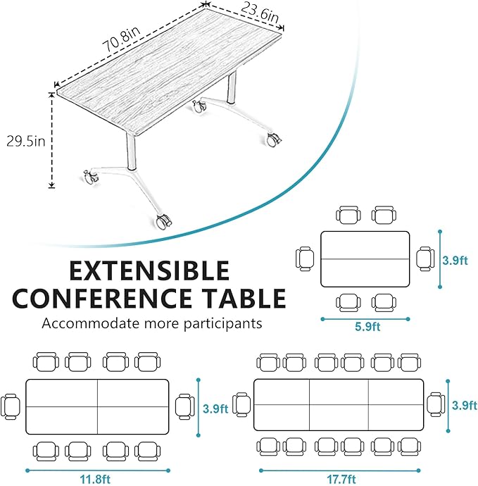 Conference Room Table, Folding Conference Tables,Thicken Grey Tabletop,Flip Top Wooden Seminar Meeting Room Table for Conference Room Offices (4, White, 70.8”)