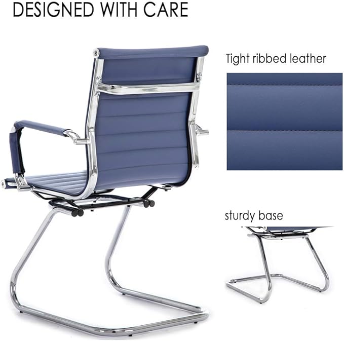 Office Desk Chair No Wheels Set of 4 PU Leather Computer Chairs Mid Back Guest Chairs for School Reception Conference Waiting Room, Navy Blue