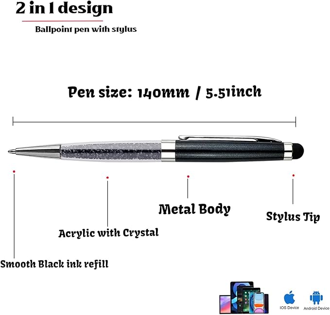 Personalized Crystal Ballpoint Pens with Stylus - Engraved your Name Or Message Pens for Executives, Teachers, and Students. Ideal Gift for Graduations, Promotions 12pcs/Pack