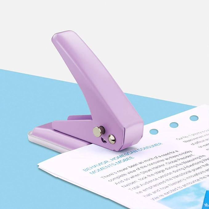 Single Hole Puncher Handheld 1/4 Inches Hole Punch, 20 Sheet Paper Punch Capacity Metal Hole Puncher with Skid-Resistant Base for Paper, Chipboard, Art Project, Purple