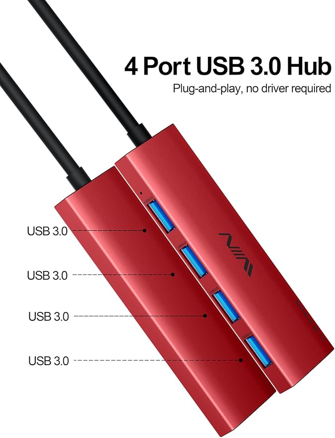 USB 3.0 Hub,4 Port USB Splitter Extender Portable Adapter Multiport Data Hub for Laptop,Xbox, Flash Drive,HDD,Console,Camera,Keyborad,Mouse Windows,Mac OS PC,Not Designed to Charge Devices-Red