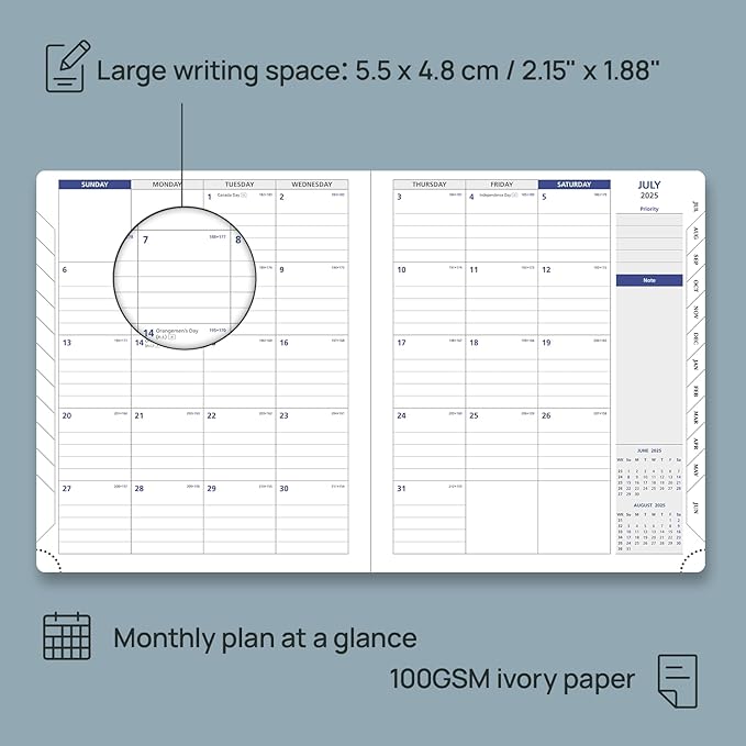 POPRUN Weekly Planner 2025-2026, 7.25'' x 8.5'', 15-Minute Hourly Appointment Book (July 2025-June 2026) with PU Leather Softcover, Monthly Tabs, Inner Pocket - Cornflower