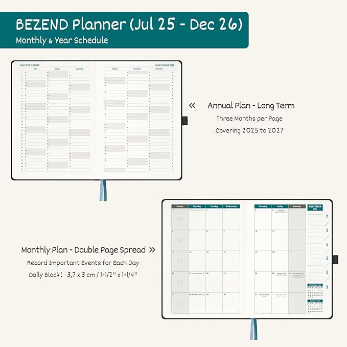 BEZEND Weekly Planner 2025-2026 with 2 Columns, 5.8" x 8.5" Academic Calendar 18 Months (Jul 25-Dec 26) Life Work Appointment Book with Monthly Tab, PU Leather Hardcover - Black