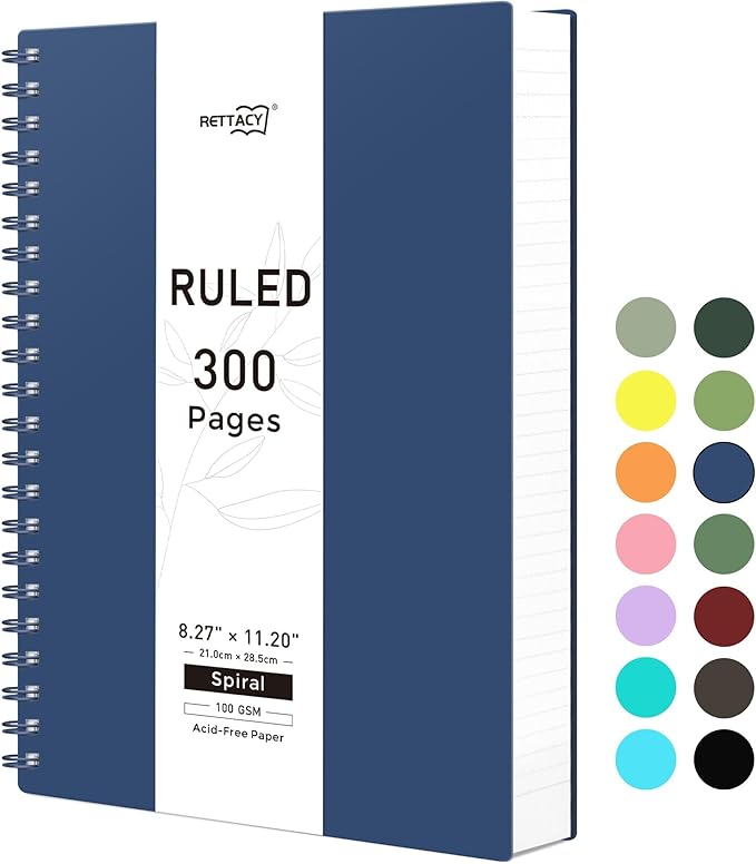 RETTACY Spiral College Ruled Notebook, 300 Pages, A4 Large Size (8.2" x 11.2"), for School, Work, Writing, Journaling, 100 GSM Thick Paper, Flexible Plastic Cover (Navy Blue)