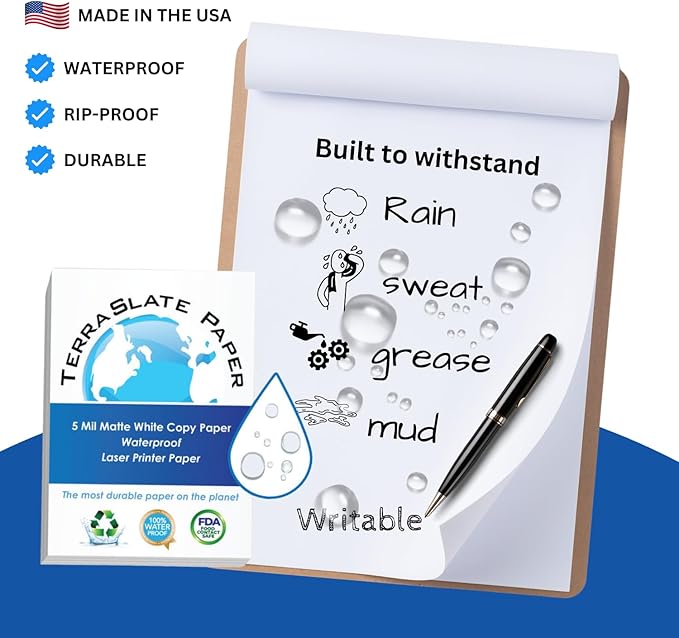 TerraSlate Premium Waterproof Paper, 5 MIL 8.5” x 11”, Laser Printer & Copy Machine Compatible, Durable & Rain/Weather-Proof Copy Paper, White Paper (100 Sheets)