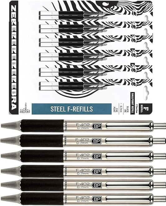 Zebra F-402 Ballpoint Stainless Steel Retractable Pens with Refills, Fine Point, 0.7mm, Black Ink, 12-Count Bundle with Plastic Reusable Pouch