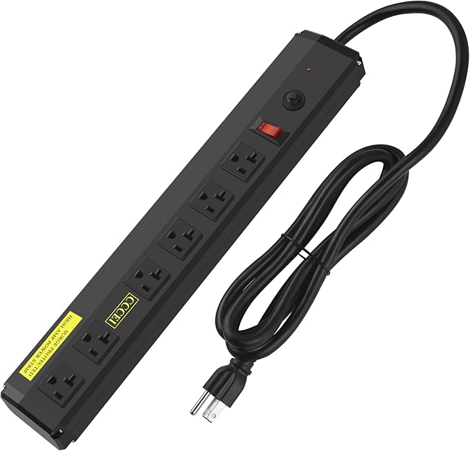 CCCEI Heavy Duty Power Strip Surge Protector 20 Amp, High Amp Industrial Shop Garage Metal Multiple Outlets, 4 FT 12 Gauge 5-15P Extension Cord 6 Outlet 6-20R T-Slot 20a for Appliance. Black.