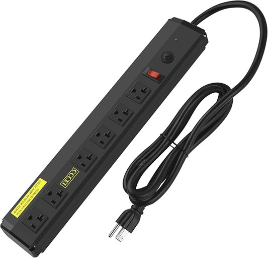 CCCEI Heavy Duty Power Strip Surge Protector 20 Amp, High Amp Industrial Shop Garage Metal Multiple Outlets, 4 FT 12 Gauge 5-15P Extension Cord 6 Outlet 6-20R T-Slot 20a for Appliance. Black.