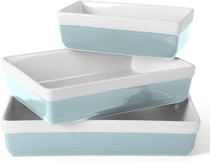 MARTHA STEWART 3 Piece Oven to Table Stoneware Bakeware, Baking Dish & Casserole Set - Dusty Blue