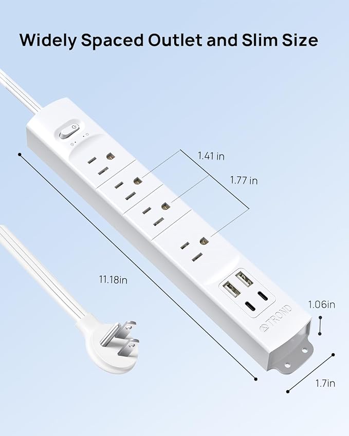 TROND 15ft Long Extension Cord with 2 USB C, ETL Listed, Ultra-Thin Flat Plug Power Strip, Slim Surge Protector, 4 Outlets 4 USB Ports, Wall Mount, Office Accessories Dorm Room Essentials, White