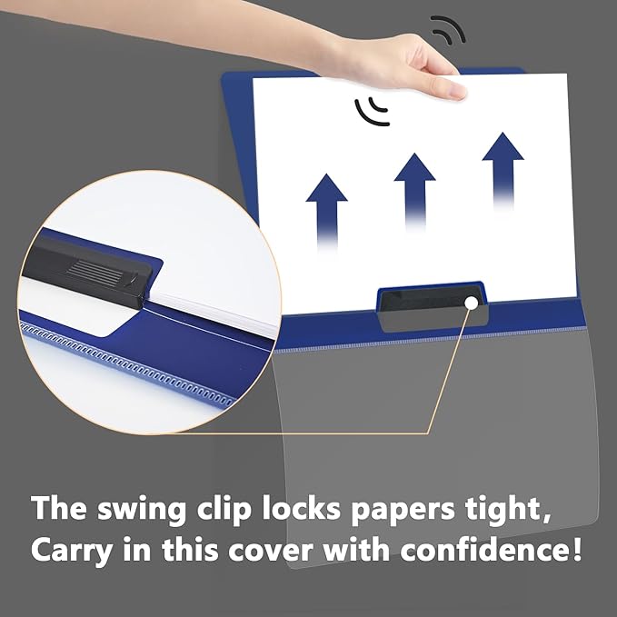 TOTiyea 10 Pack Clear Report Covers with Swing Clip, File Folder with Swing Clip, 30 Sheets Capacity, Slide Locking Report Covers, Letter Size (Navy, 10 Pack)