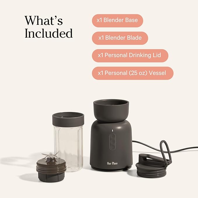 Our Place Splendor Blender - 1000W High-Power | Ultra-Sharp Blades | 2 Blending Modes | Includes 25 oz Personal Cup and Drinking Lid Set | Smoothies, Shakes & More | Char