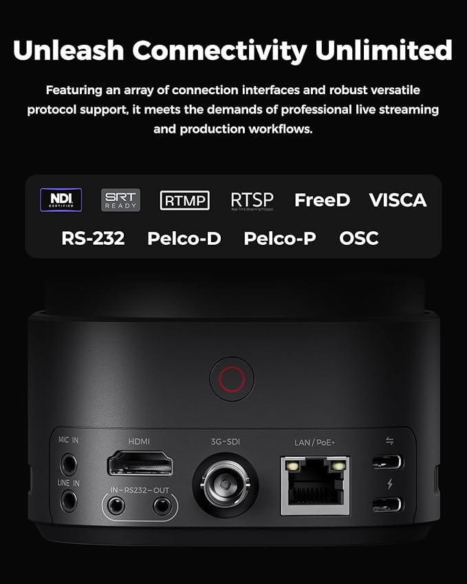 OBSBOT Tail 2 PTZR NDI Camera 4K@60FPS, Pro AI Tracking, 1/1.5" CMOS, 50MP, 5X Optical Zoom, 12X Hybrid Zoom, SDI/HDMI/IP/USB 3.0 Output, Live Streaming for Education, Conference, Worship, Live Events