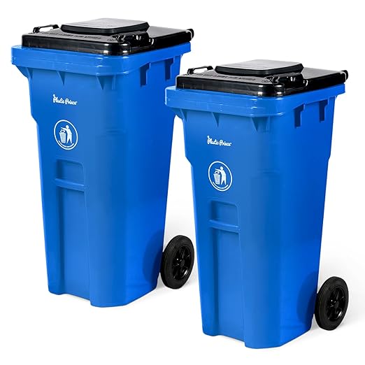 32 Gallon Recycling Rollout Trash Can with Lid, Commercial Heavy-Duty Wheeled Outdoor Garbage Can, Blue 2 Pack