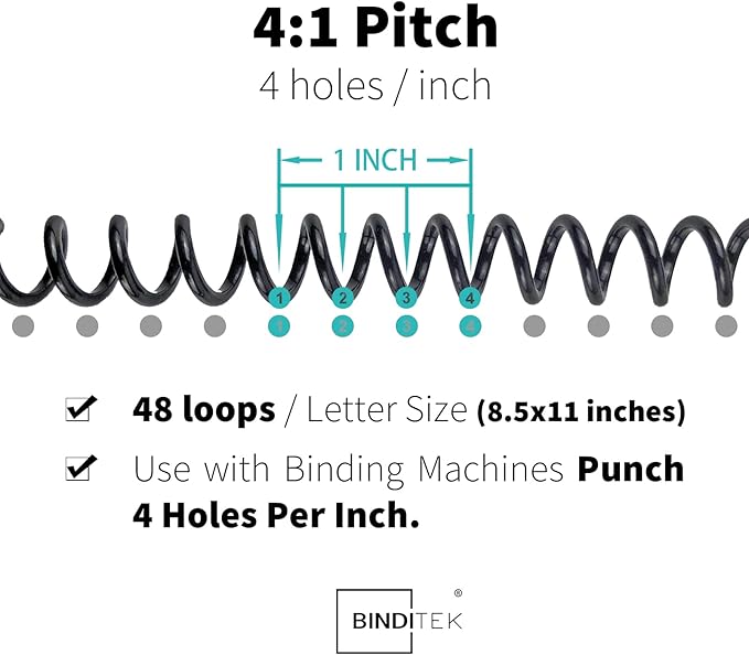 Binditek 200 Pack Plastic Spiral Binding Coils, 12mm(1/2"), 90 Sheet Capacity, 4:1 Pitch, Black, 48Loops, for Letter Size, for Students and Coworkers
