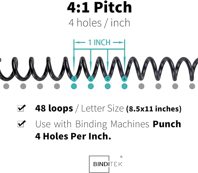 Binditek 50 Pack Plastic Spiral Binding Coils, 25mm(1"), 215 Sheet Capacity, 4:1 Pitch, Black, 48 Loops, for Letter Size, for Students and Coworkers