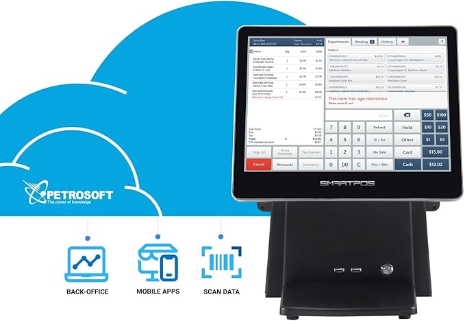 All-in-One SmartPOS-129 Professional Cash Register for Small Business, POS Bundle Includes: Cashier Touch Screen Monitor, Customer-Facing Display, Cash Drawer, Scanner, Printer