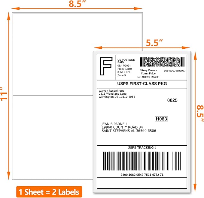 8000 Half Sheet Laser/Ink Jet Shipping Labels Mailing Labels 5-1/2" X 8-1/2"