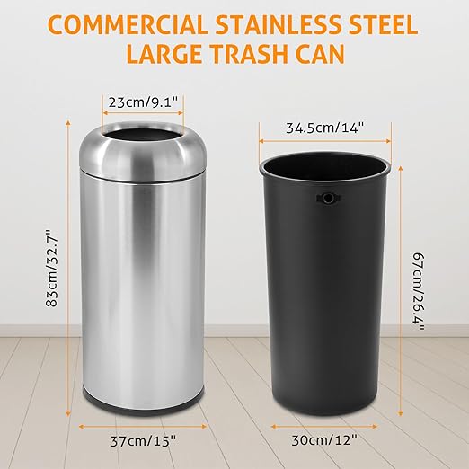 WICHEMI 16 Gallon Commercial Large Trash Can, Bullet Outdoor Trash Bin with Open Top Lid, Brushed Stainless Steel Garbage Can, Silver