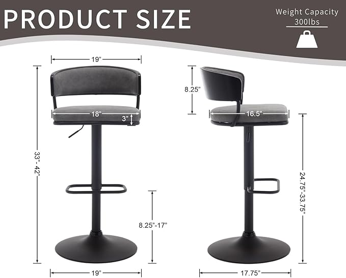 Adjustable Modern Bar Stools Set of 2 Faux Leather Barstools Swivel Counter Height Bar stools with Curved Back/Black Metal Base Comfy Upholstered Bar Chairs for Kitchen Island, Grey
